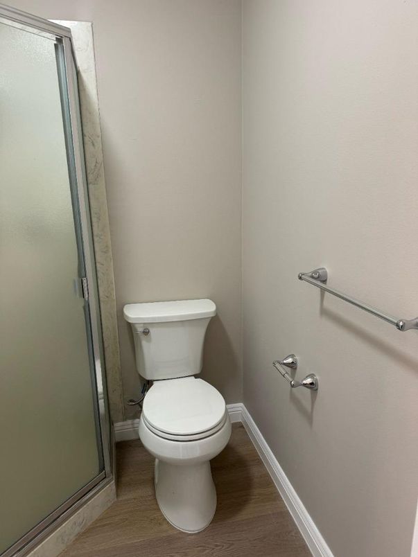 Bathroom, Glass Shower, Interior, Wood Texture Flooring