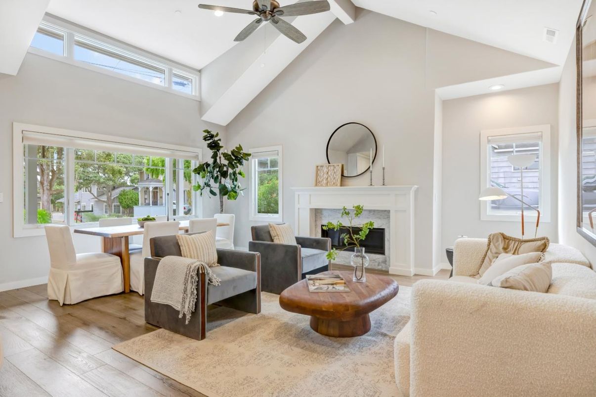 Dining room, Fireplace, Interior, Living room, Recessed Lighting, Wood Texture Flooring