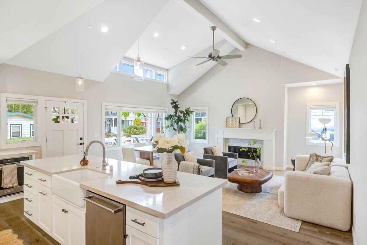 Fireplace, Interior, Kitchen, Living room, Pendant Lights, Recessed Lighting, Stainless Steel Appliances, Wood Texture Flooring