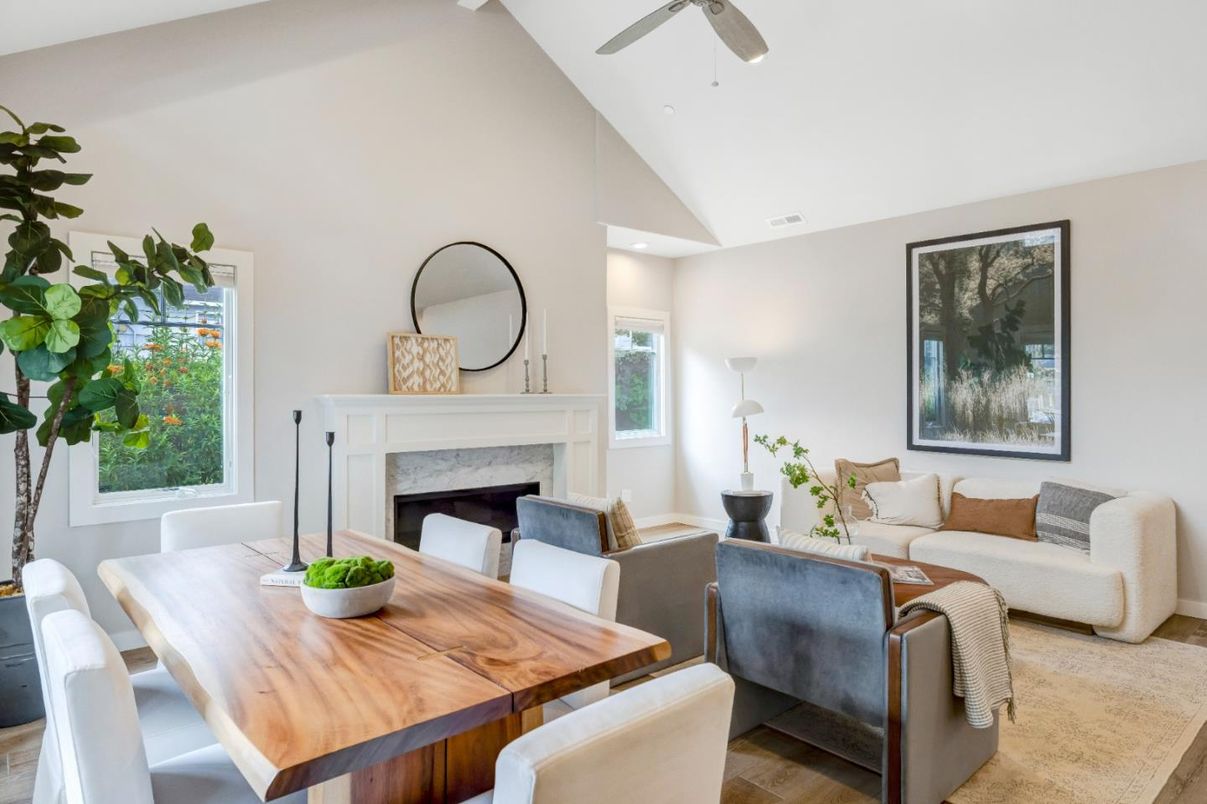 Dining room, Fireplace, Interior, Living room, Recessed Lighting