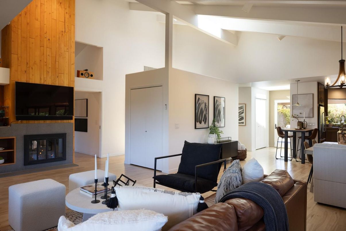 Dining room, Fireplace, Interior, Living room, Pendant Lights, Wood Texture Flooring, Wooden Walls