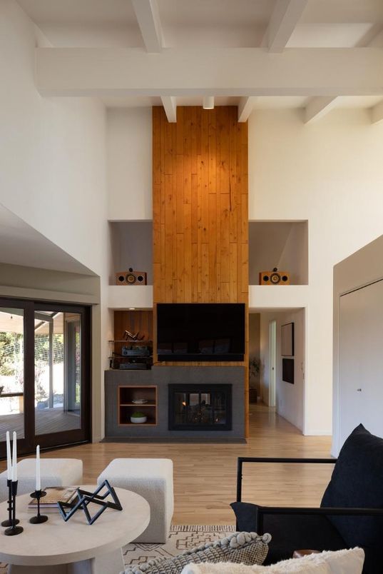 Fireplace, Interior, Living room, Wood Texture Flooring, Wooden Walls