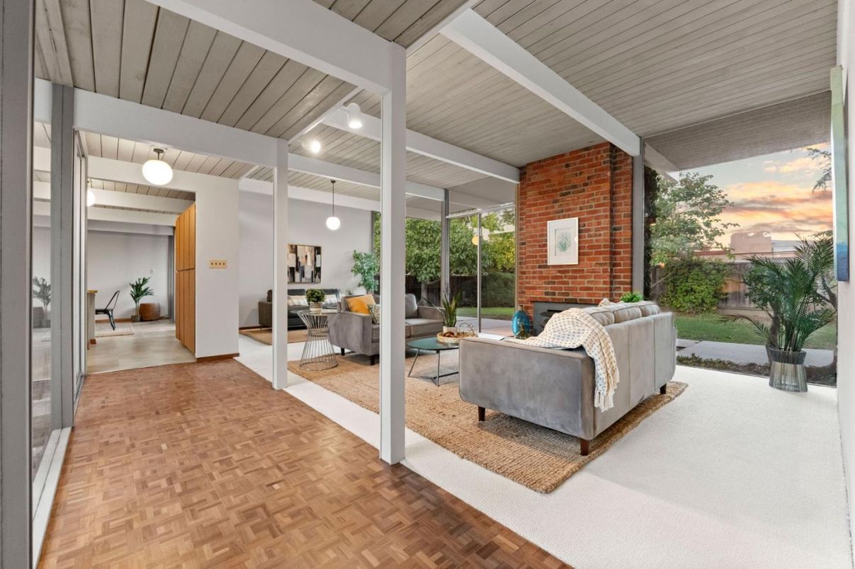 Fireplace, Interior, Living room, Pendant Lights, Stone Walls, Wood Texture Flooring