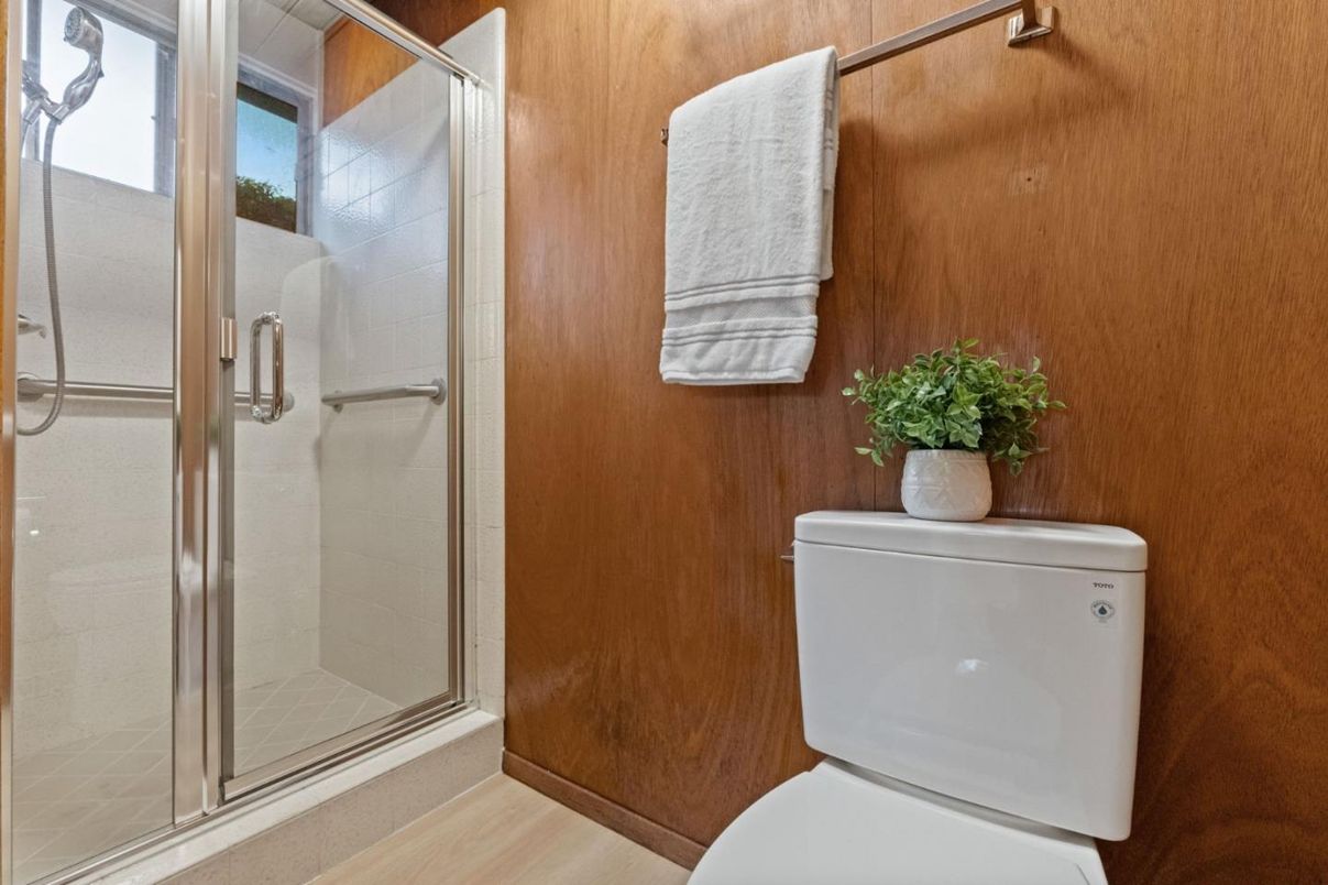 Bathroom, Glass Shower, Interior, Wood Texture Flooring