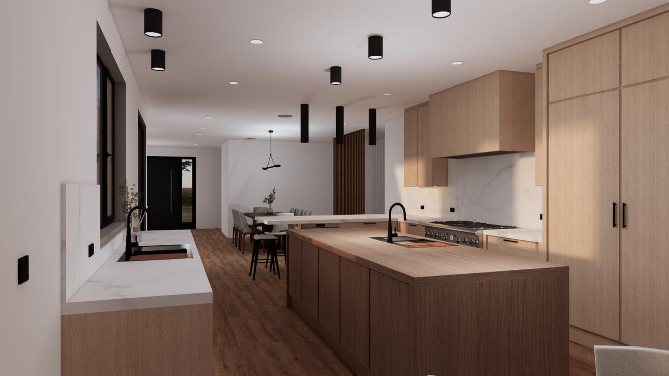Dining room, Interior, Kitchen, Pendant Lights, Recessed Lighting, Wood Texture Flooring