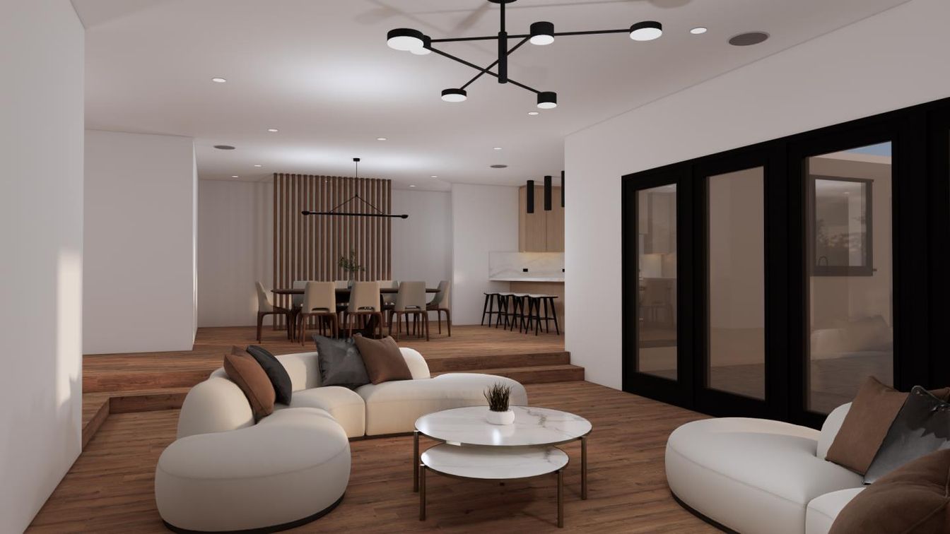 Dining room, Interior, Living room, Pendant Lights, Recessed Lighting, Wood Texture Flooring