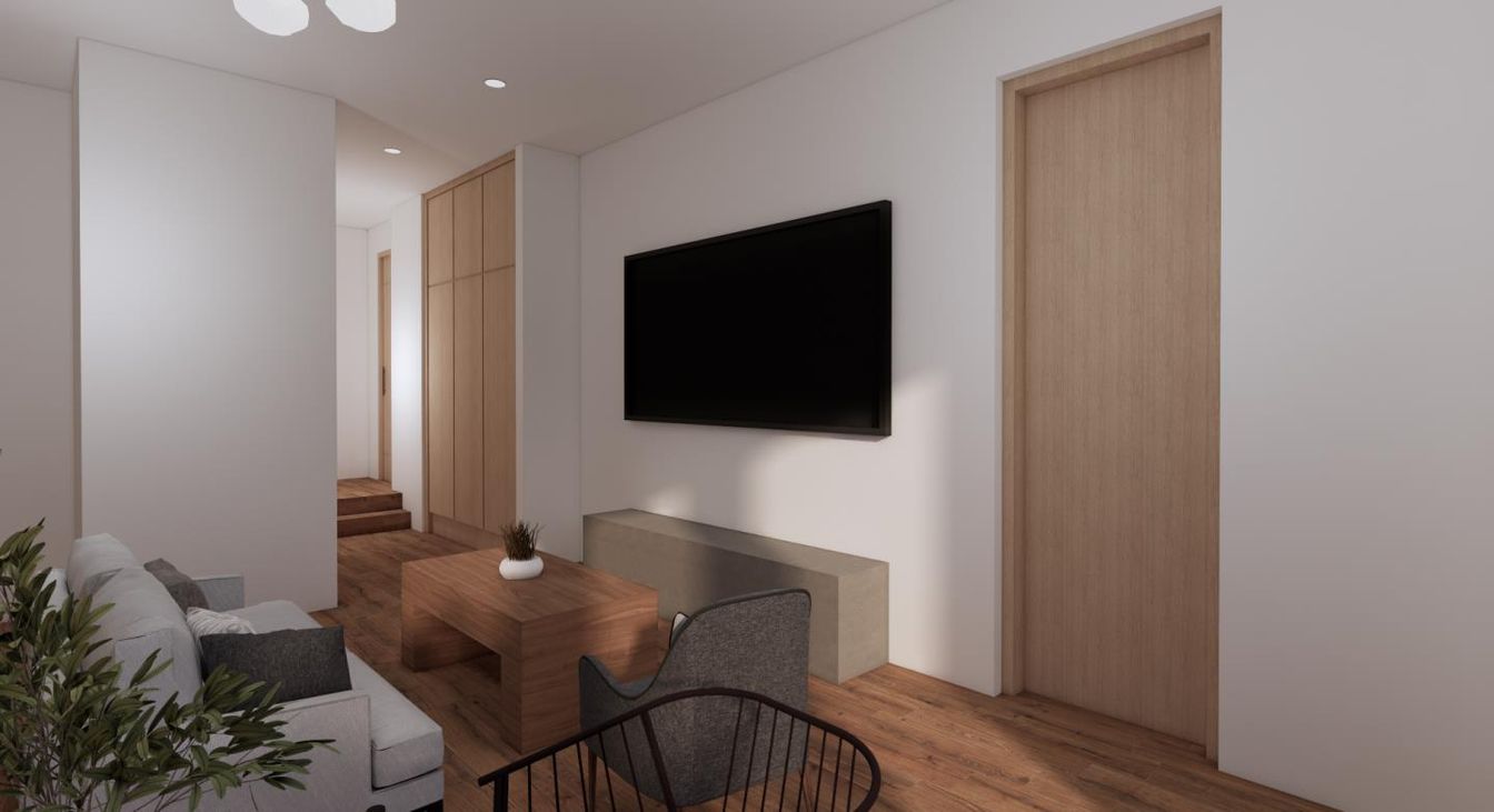 Interior, Living room, Recessed Lighting, Wood Texture Flooring