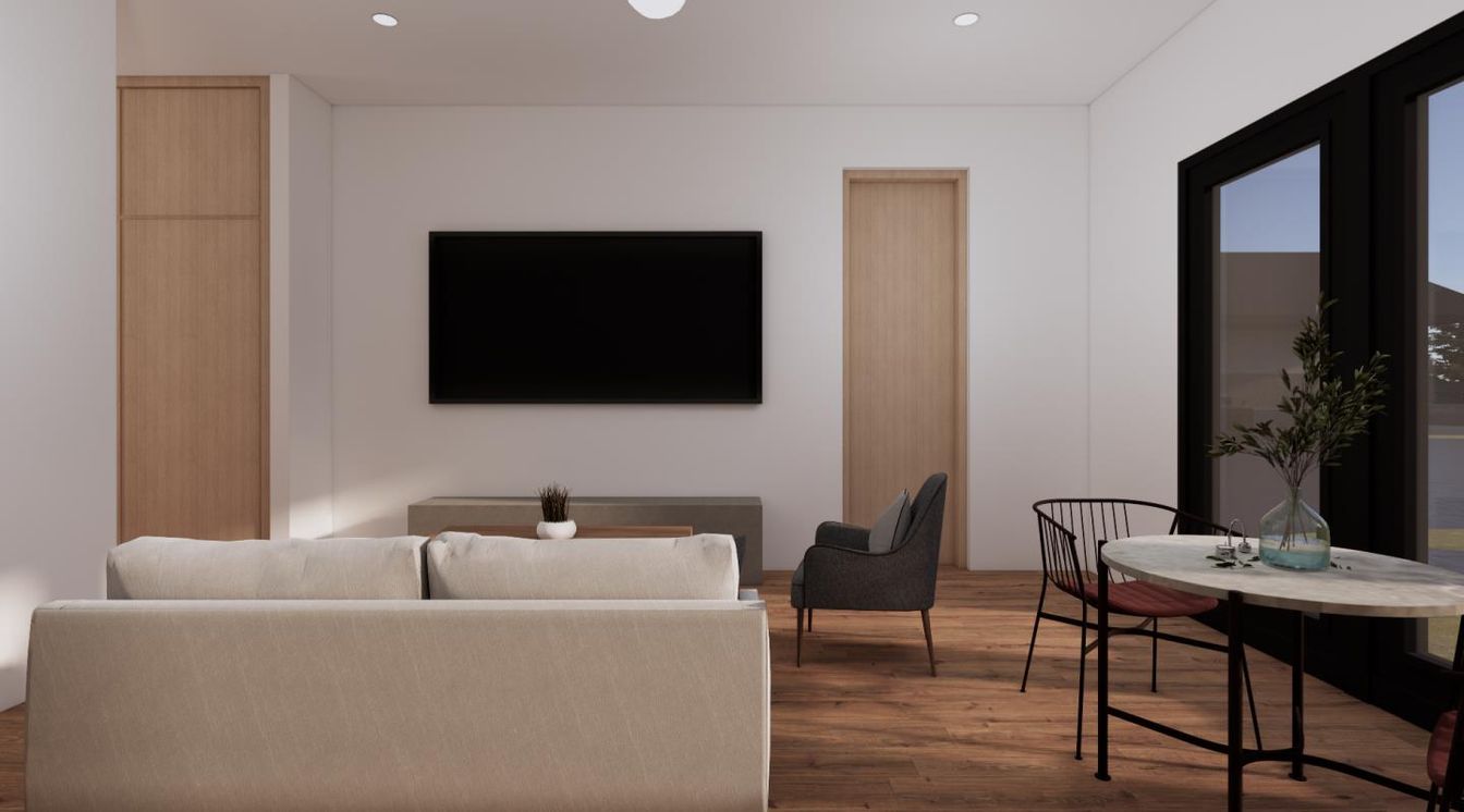 Dining room, Interior, Living room, Recessed Lighting, Wood Texture Flooring