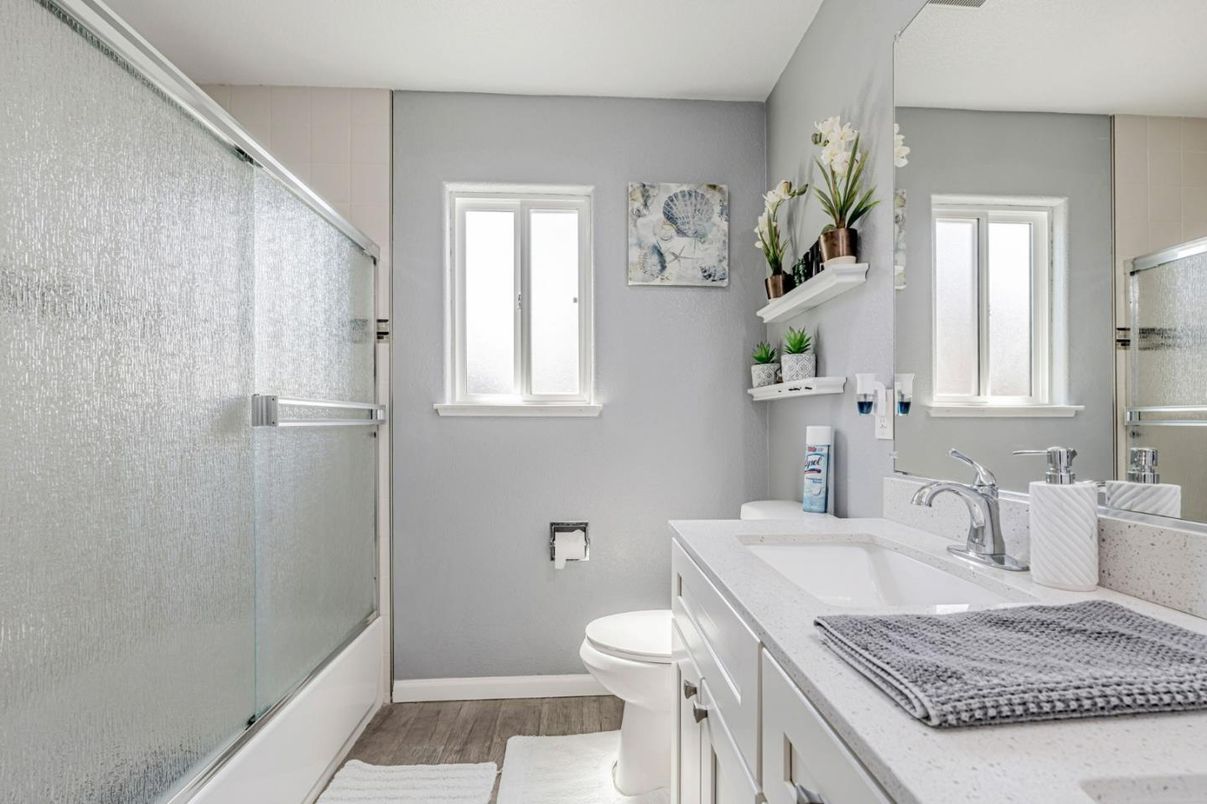 Bathroom, Glass Shower, Interior, Wood Texture Flooring