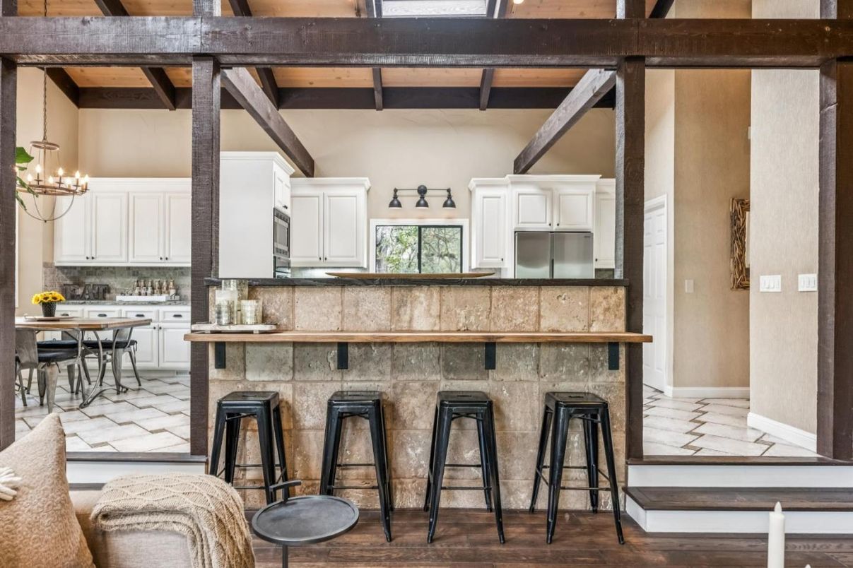 Chandelier, Interior, Kitchen, Wooden Beams, Wood Texture Flooring