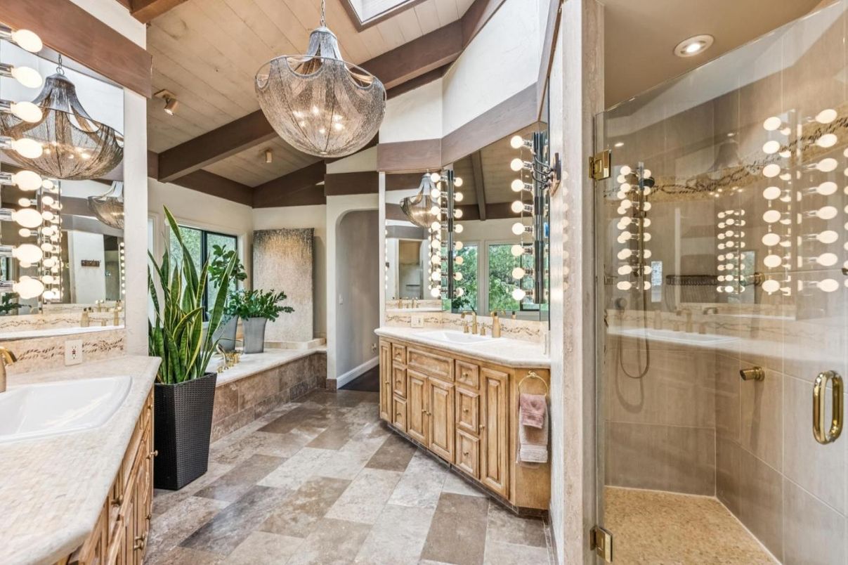 Bathroom, Dual Sink Vanities, Glass Shower, Interior, Pendant Lights, Recessed Lighting, Wooden Beams, Wooden Ceilings