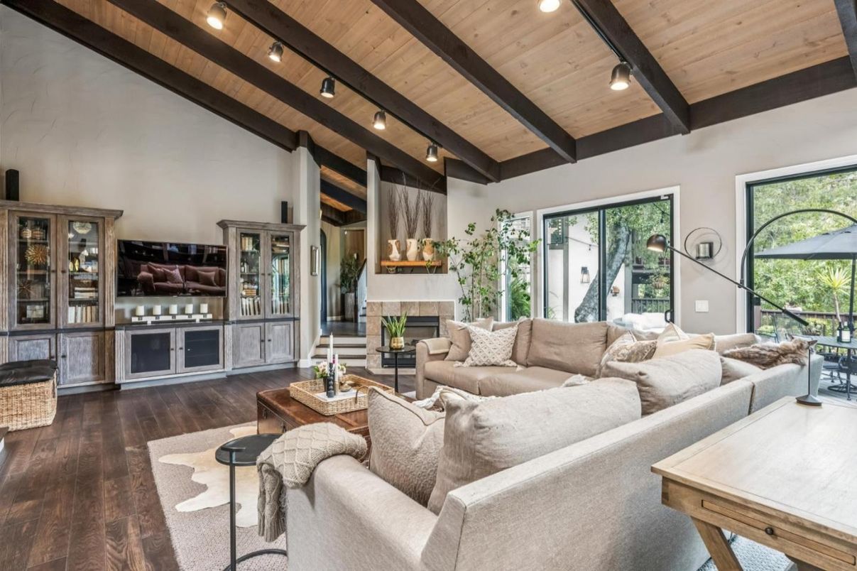 Fireplace, Interior, Living room, Recessed Lighting, Wooden Beams, Wooden Ceilings, Wood Texture Flooring