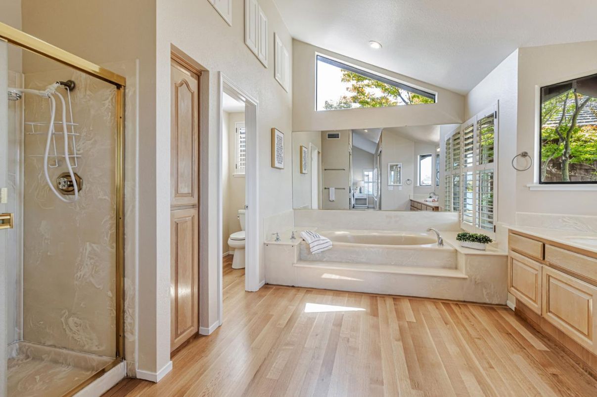 Bathroom, Glass Shower, Interior, Recessed Lighting, Wood Texture Flooring