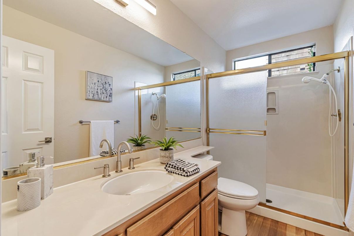 Bathroom, Glass Shower, Interior, Wood Texture Flooring