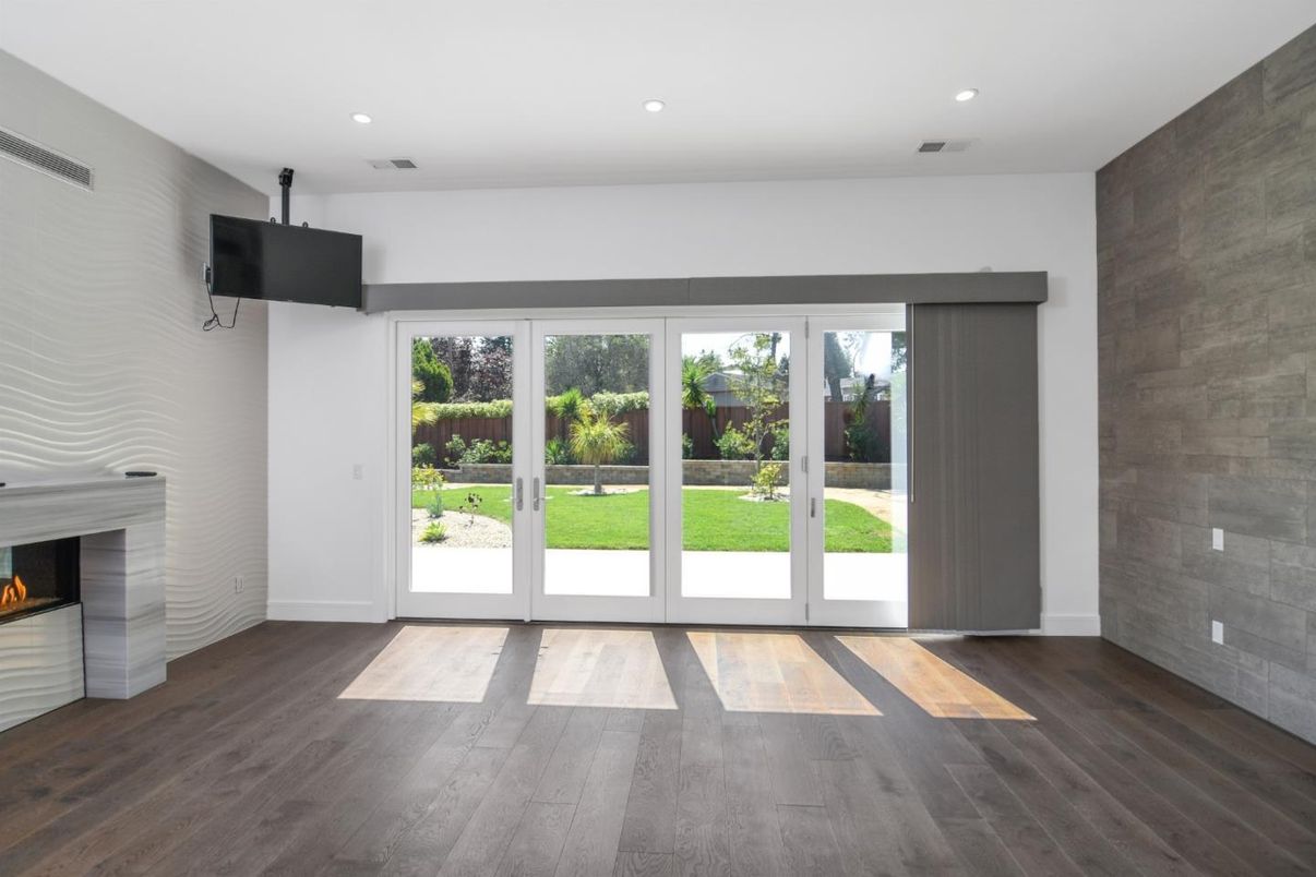 Empty room, Fireplace, Interior, Recessed Lighting, Wood Texture Flooring