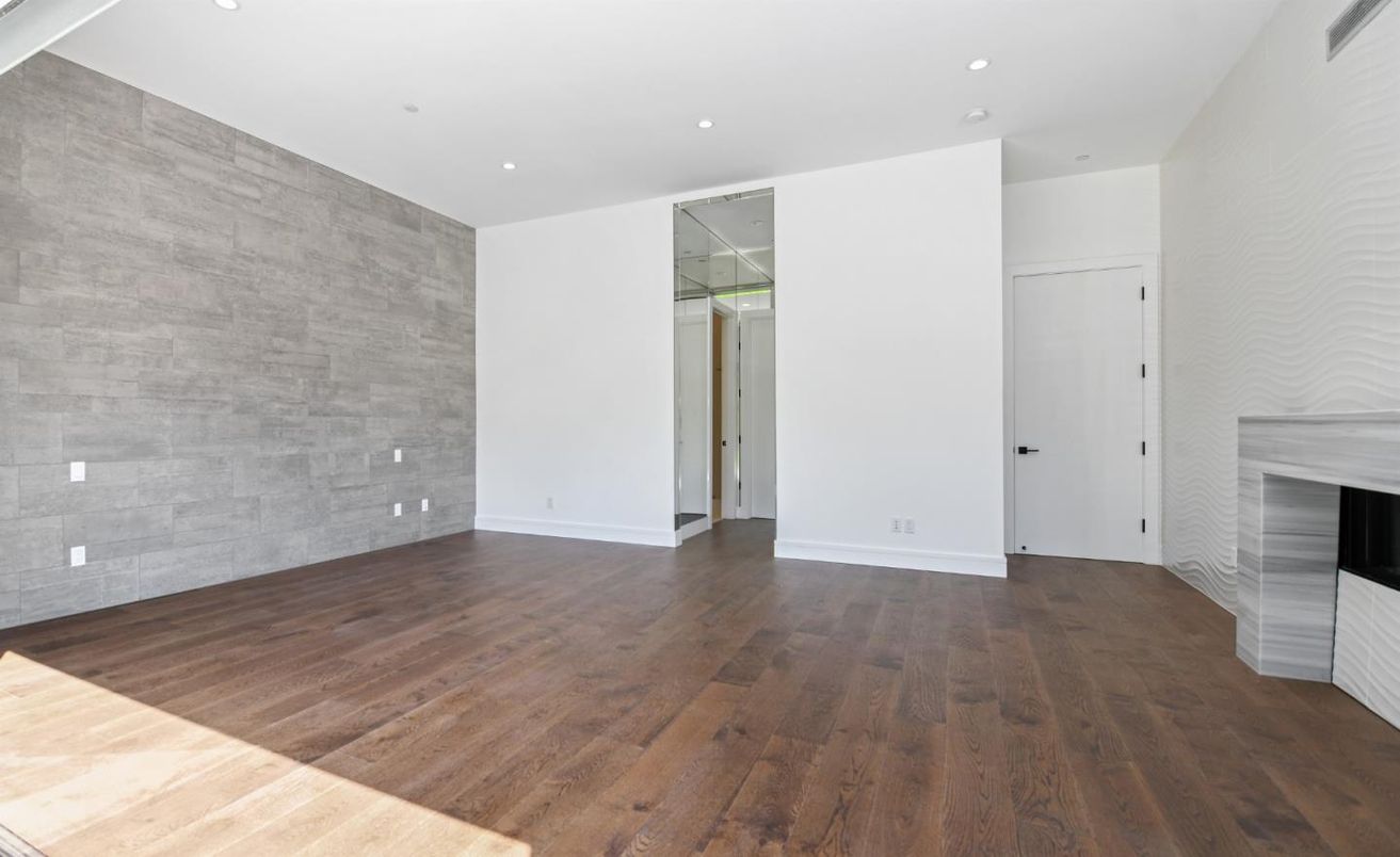 Empty room, Fireplace, Interior, Recessed Lighting, Wood Texture Flooring