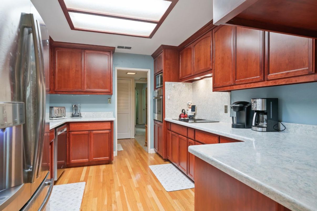 Interior, Kitchen, Recessed Lighting, Stainless Steel Appliances, Wood Texture Flooring