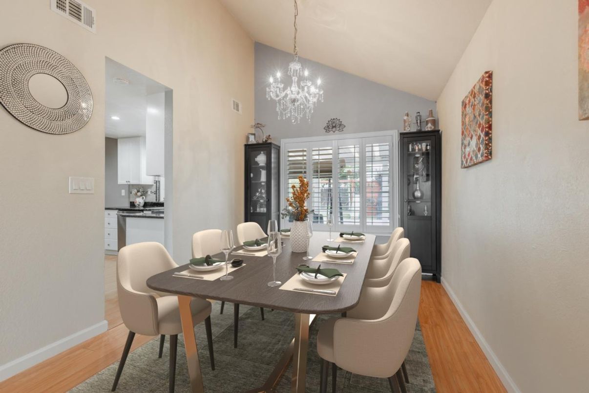 Chandelier, Dining room, Interior, Pendant Lights, Recessed Lighting, Wood Texture Flooring