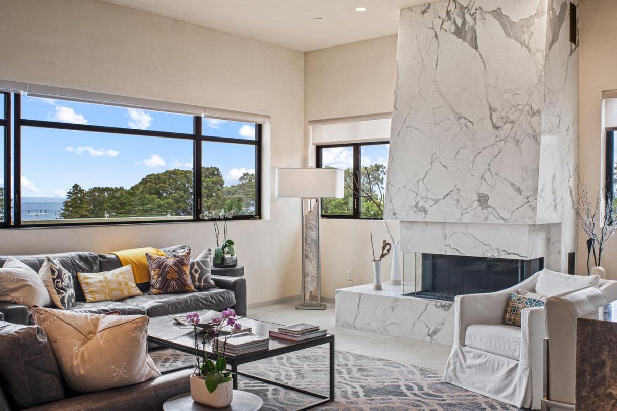 Fireplace, Interior, Living room, Marble Walls, Recessed Lighting, Water