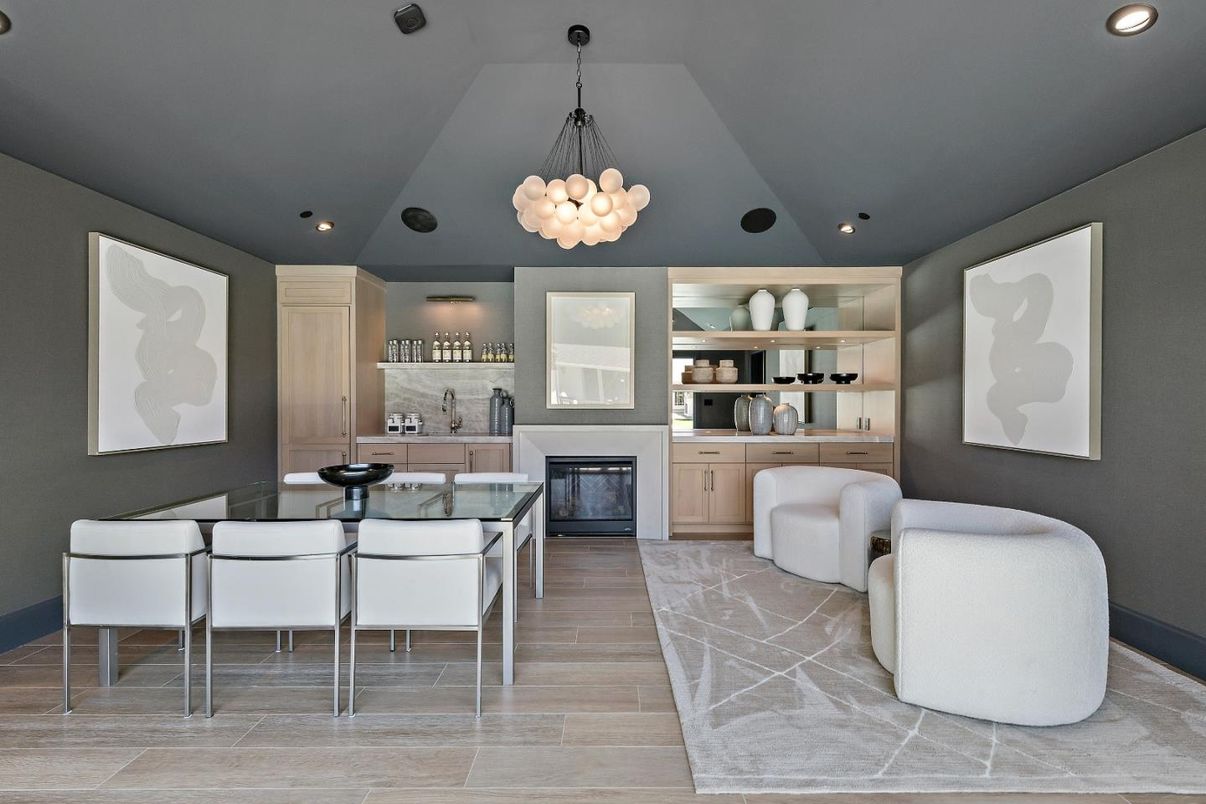 Dining room, Interior, Pendant Lights, Recessed Lighting, Wood Texture Flooring