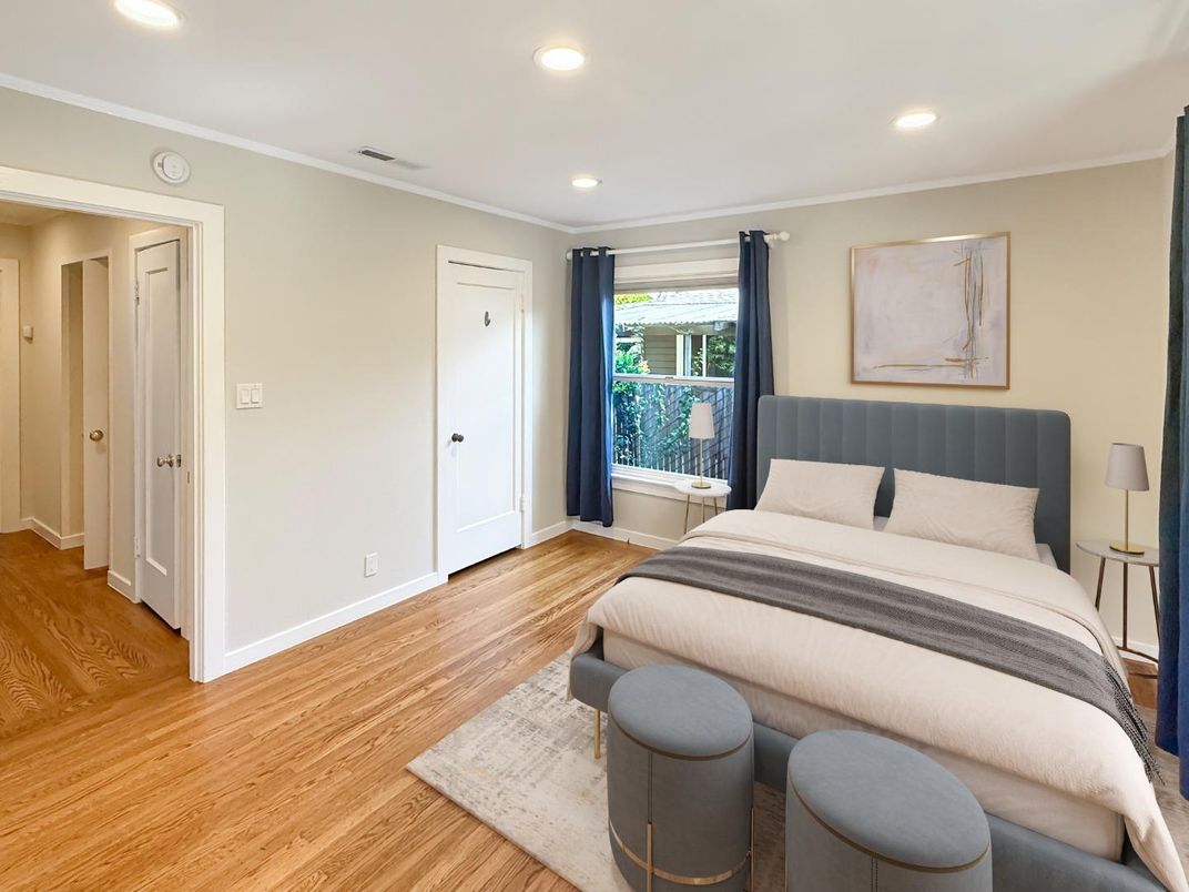 Bedroom, Interior, Recessed Lighting, Wood Texture Flooring