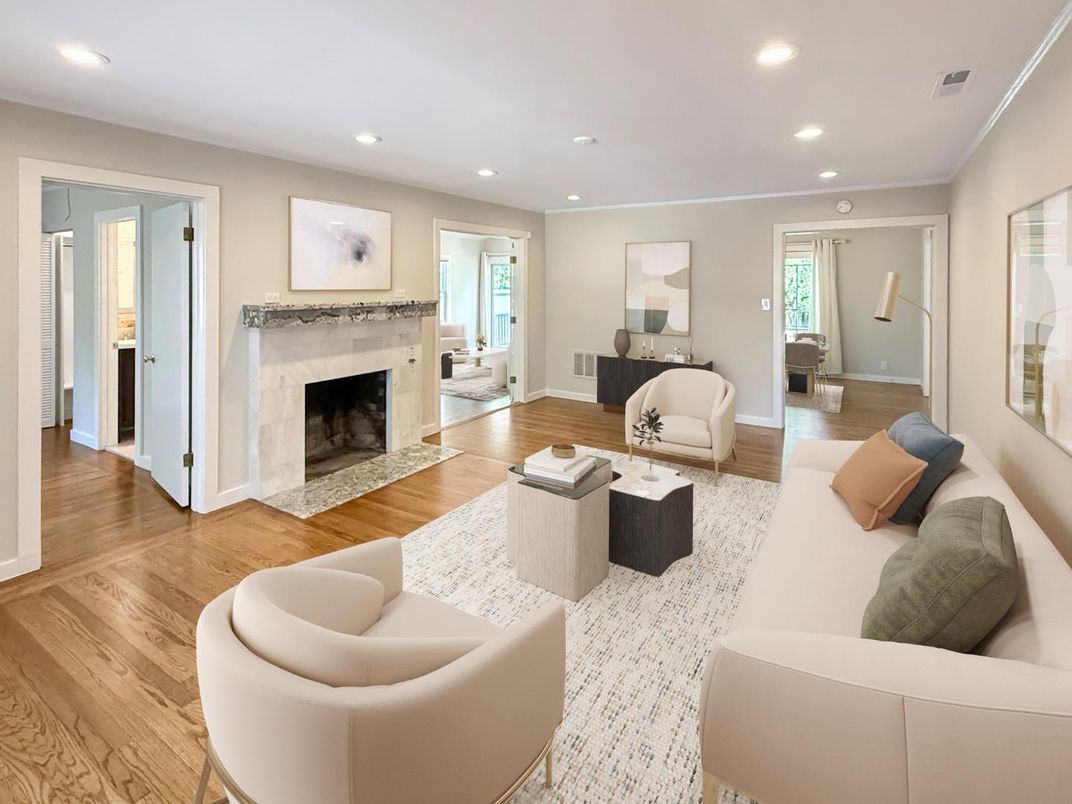 Fireplace, Interior, Living room, Recessed Lighting, Wood Texture Flooring