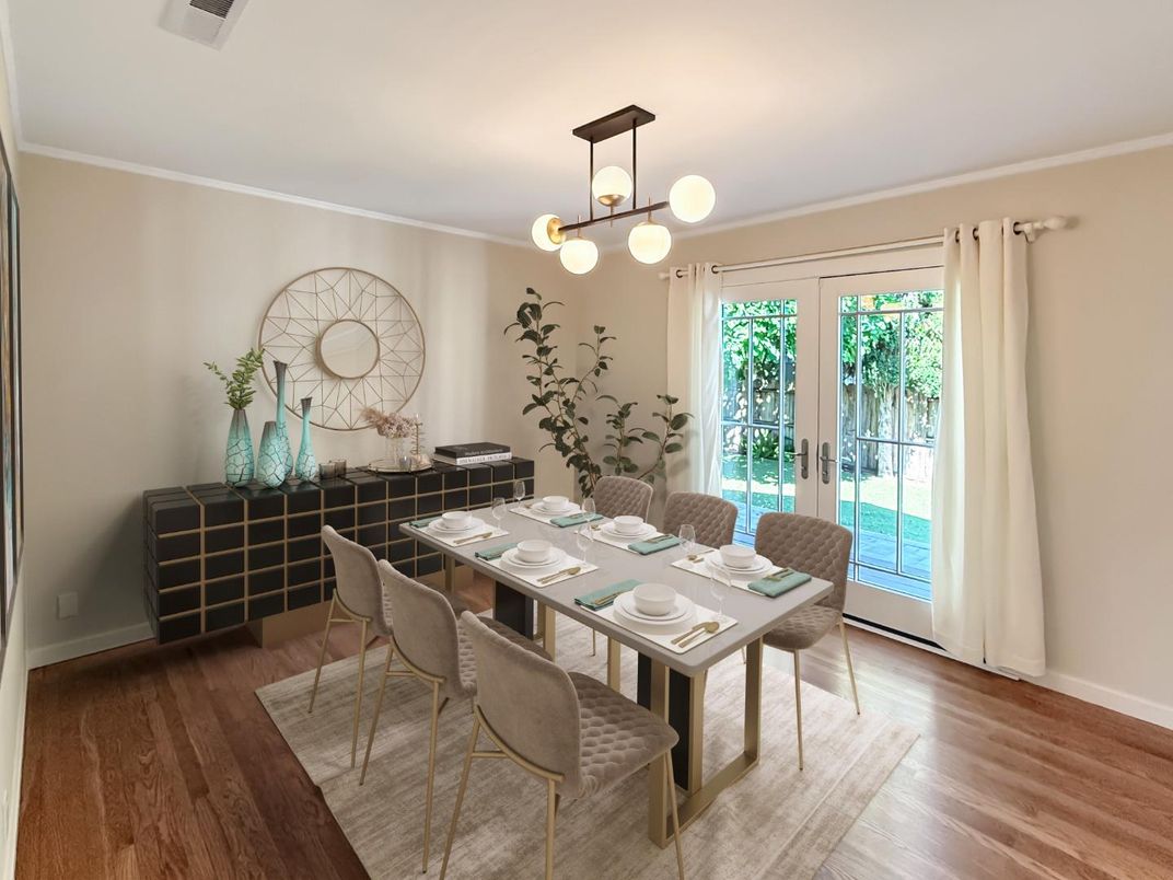 Dining room, Interior, Pendant Lights, Wood Texture Flooring