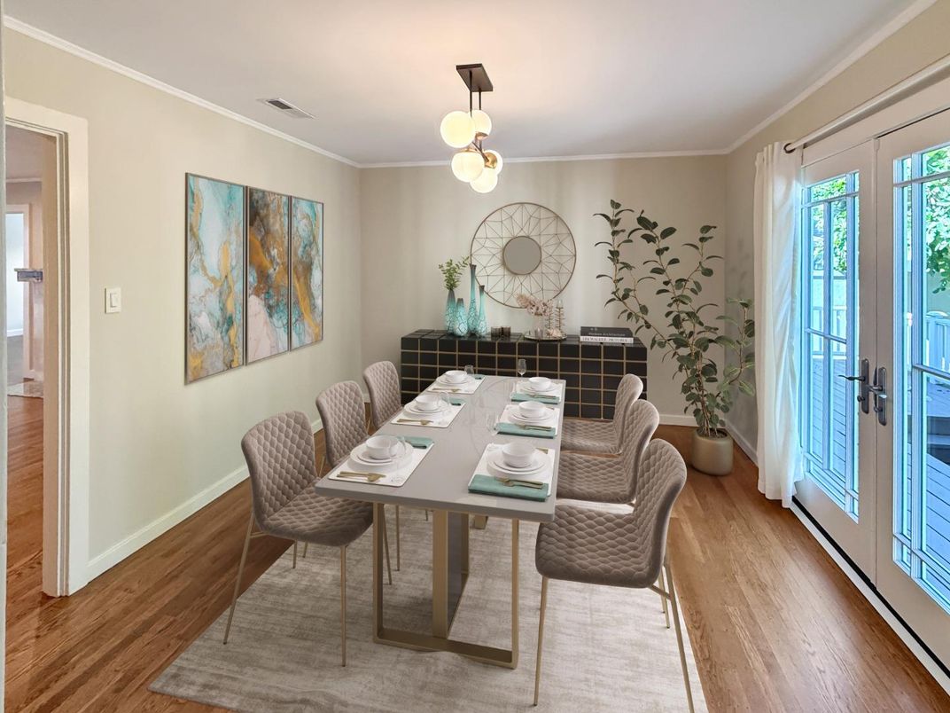 Dining room, Interior, Pendant Lights, Wood Texture Flooring