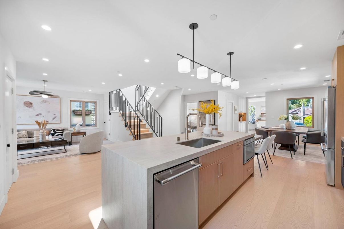 Dining room, Interior, Kitchen, Living room, Pendant Lights, Recessed Lighting, Stainless Steel Appliances, Wood Texture Flooring