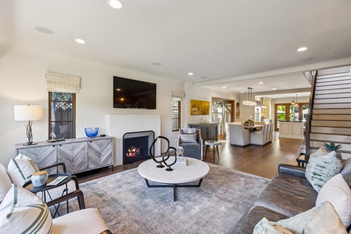 Dining room, Fireplace, Interior, Kitchen, Living room, Pendant Lights, Recessed Lighting, Wood Texture Flooring