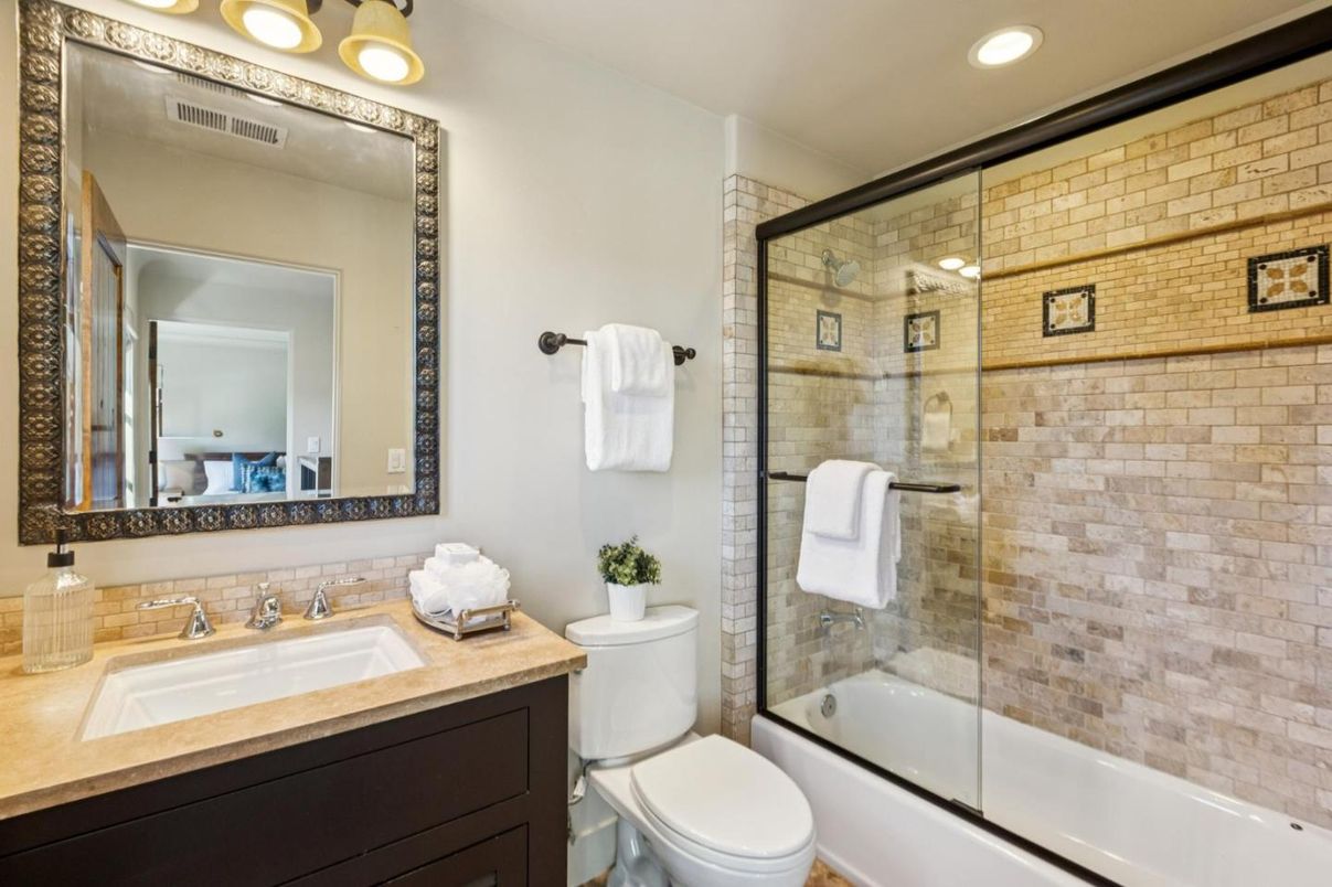 Bathroom, Glass Shower, Interior, Recessed Lighting, Stone Walls
