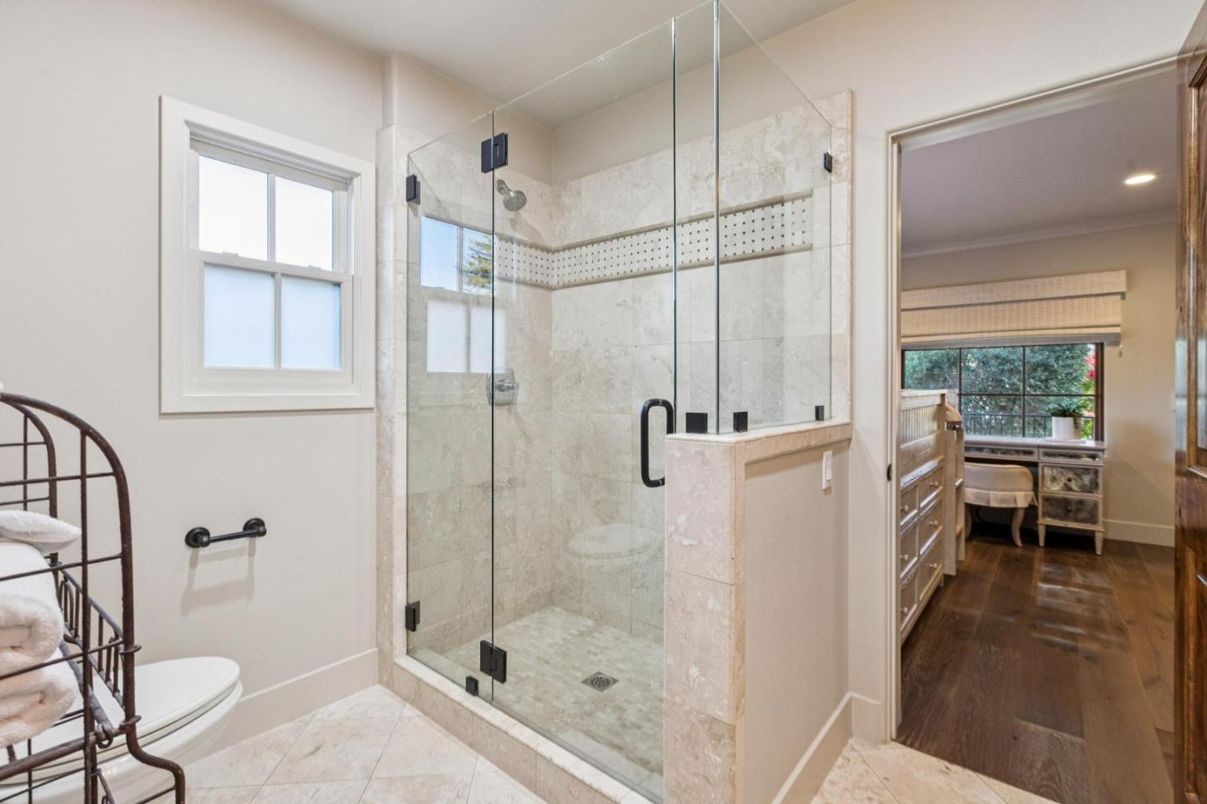 Bathroom, Glass Shower, Interior, Recessed Lighting, Wood Texture Flooring