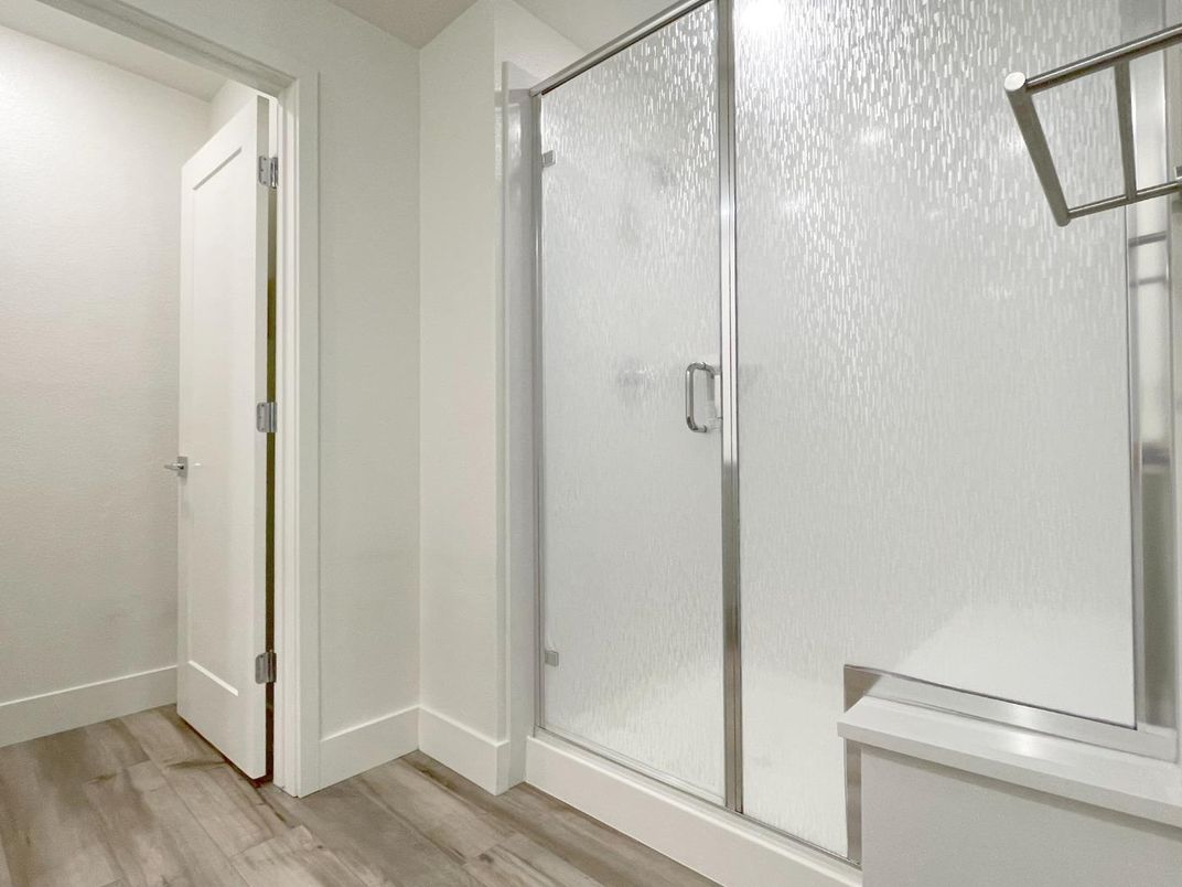 Bathroom, Glass Shower, Interior, Wood Texture Flooring