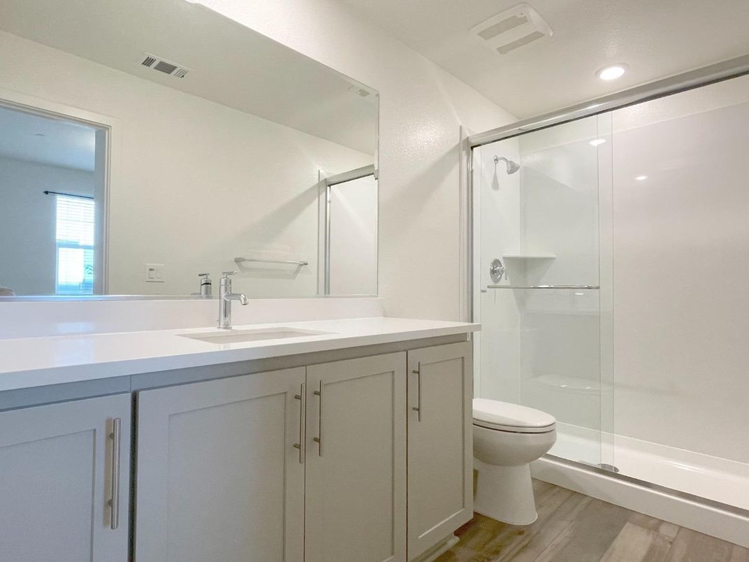 Bathroom, Glass Shower, Interior, Recessed Lighting, Wood Texture Flooring