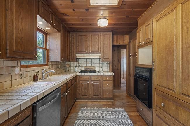 Interior, Kitchen, Recessed Lighting, Tile Countertops, Wooden Ceilings, Wood Texture Flooring