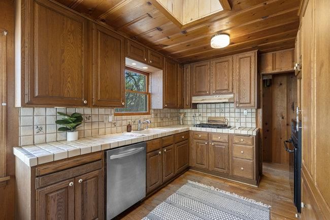 Interior, Kitchen, Recessed Lighting, Tile Countertops, Wooden Ceilings, Wood Texture Flooring, Wooden Walls