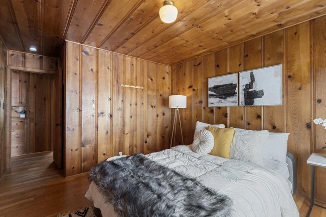 Bedroom, Interior, Recessed Lighting, Wooden Ceilings, Wood Texture Flooring, Wooden Walls