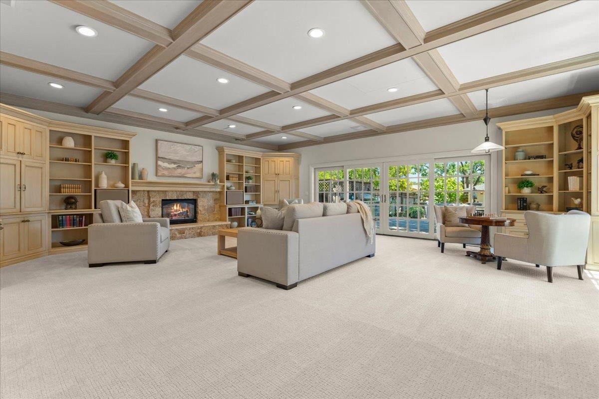 Fireplace, Interior, Living room, Recessed Lighting, Wooden Beams