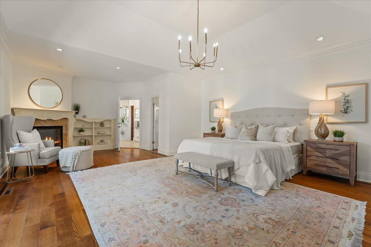 Bedroom, Fireplace, Interior, Pendant Lights, Recessed Lighting, Wood Texture Flooring