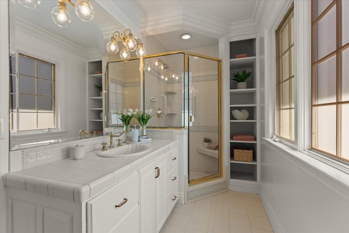 Bathroom, Glass Shower, Interior, Recessed Lighting, Tile Countertops