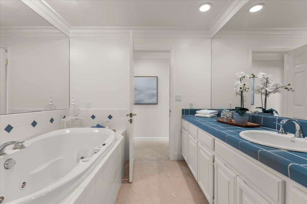 Bathroom, Dual Sink Vanities, Interior, Recessed Lighting, Tile Countertops