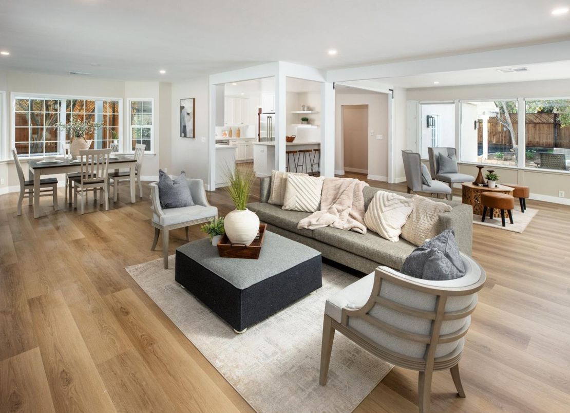 Dining room, Interior, Living room, Recessed Lighting, Wood Texture Flooring