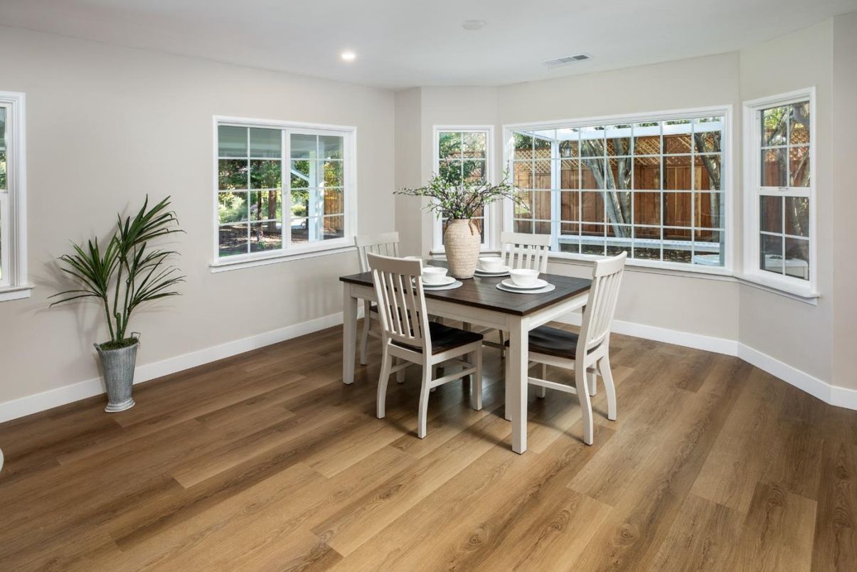 Dining room, Interior, Recessed Lighting, Wood Texture Flooring