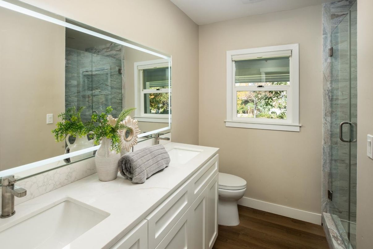 Bathroom, Dual Sink Vanities, Glass Shower, Interior, Wood Texture Flooring