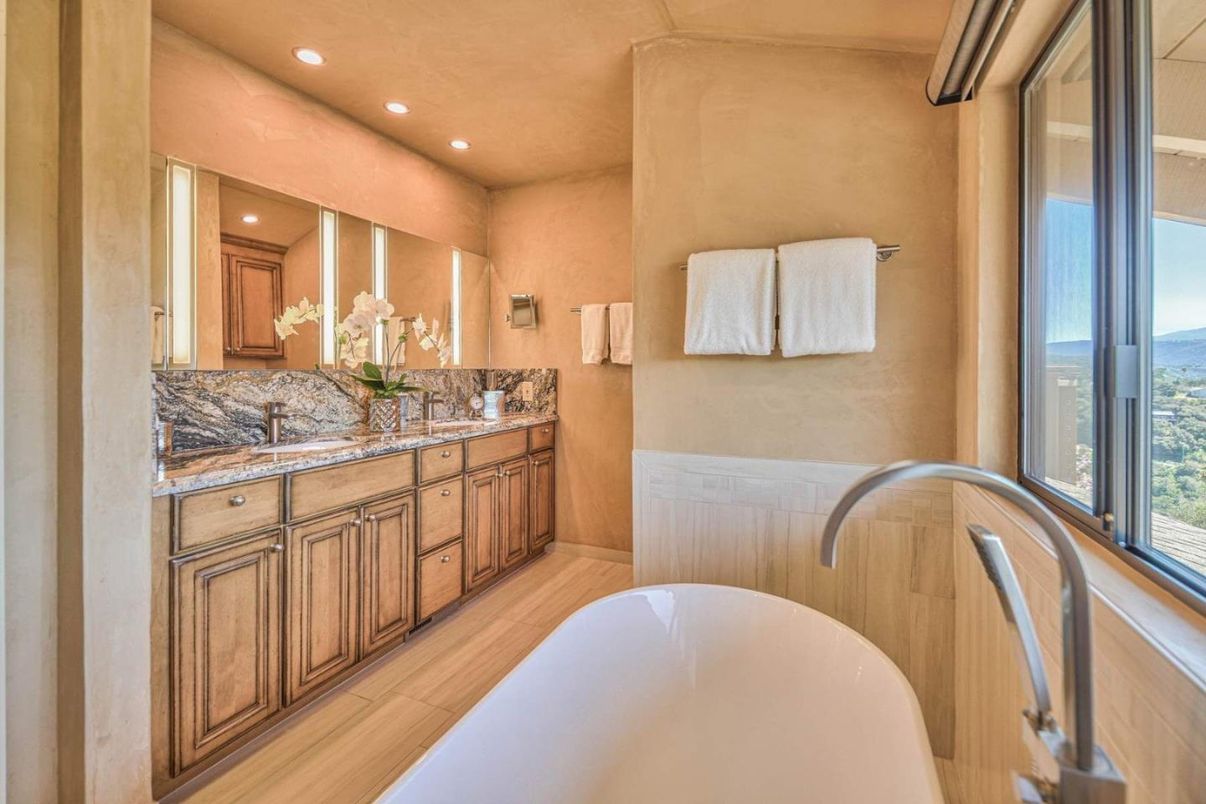 Bathroom, Dual Sink Vanities, Free Standing Baths, Interior, Recessed Lighting, Wood Texture Flooring