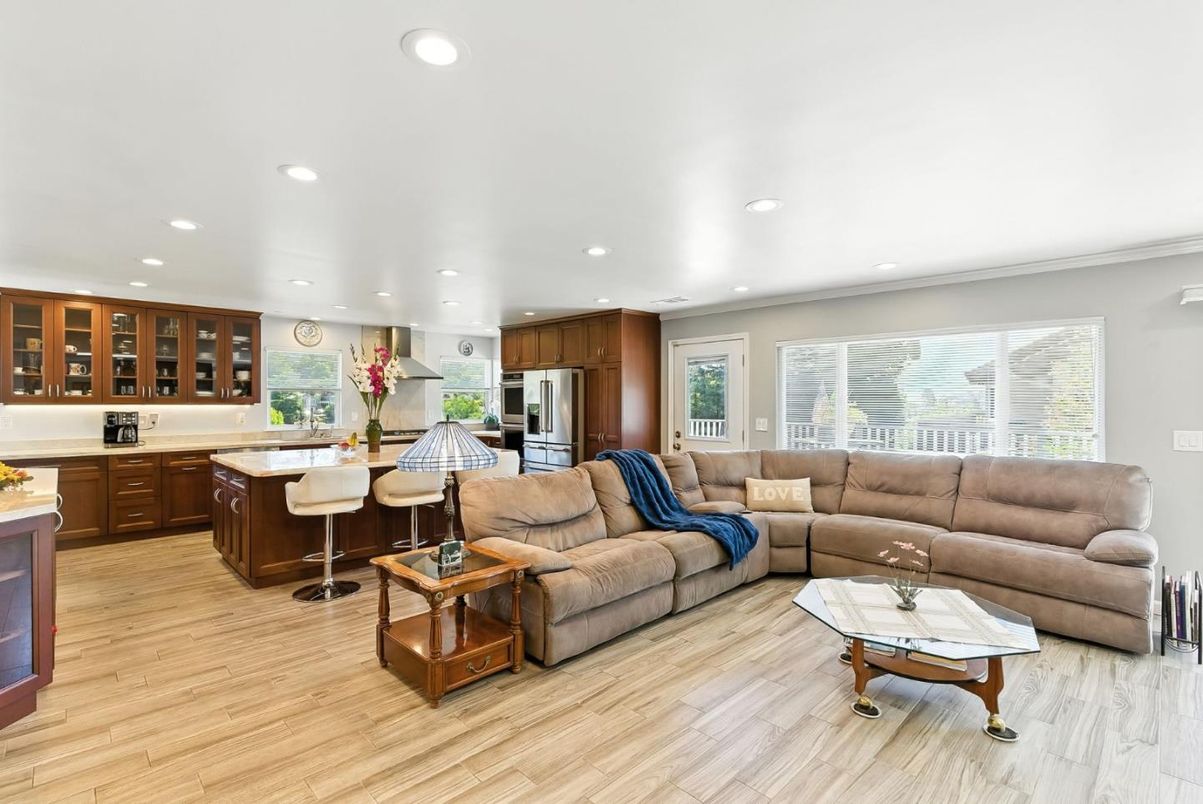 Interior, Kitchen, Living room, Recessed Lighting, Stainless Steel Appliances, Wood Texture Flooring