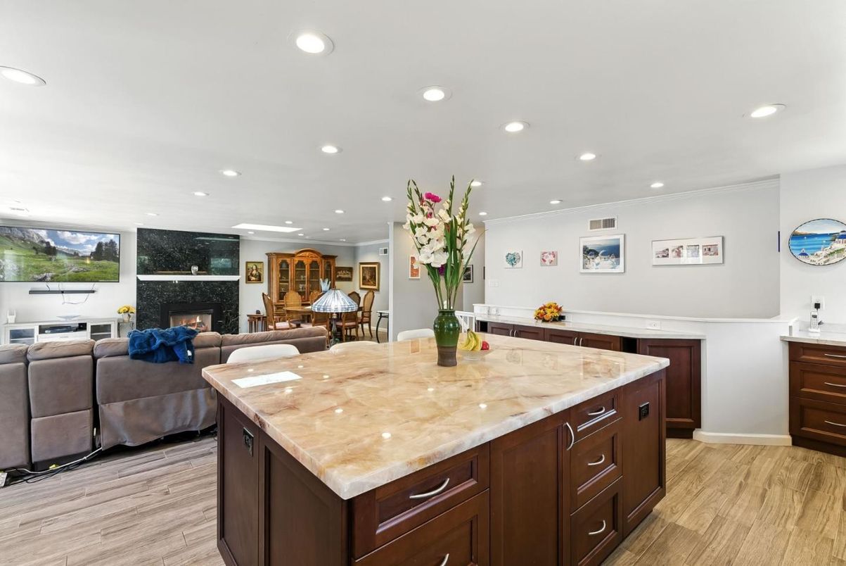 Fireplace, Interior, Kitchen, Living room, Recessed Lighting, Wood Texture Flooring