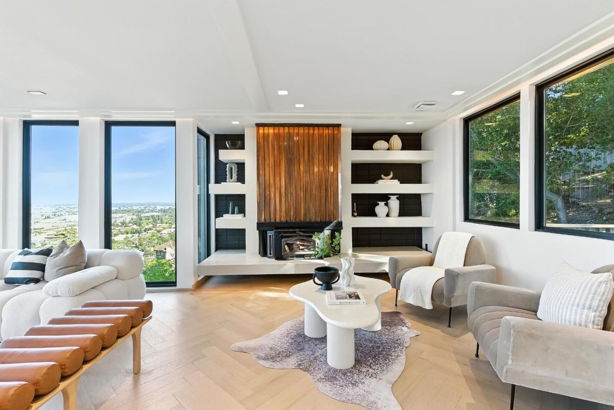 Fireplace, Interior, Living room, Recessed Lighting, Wood Texture Flooring