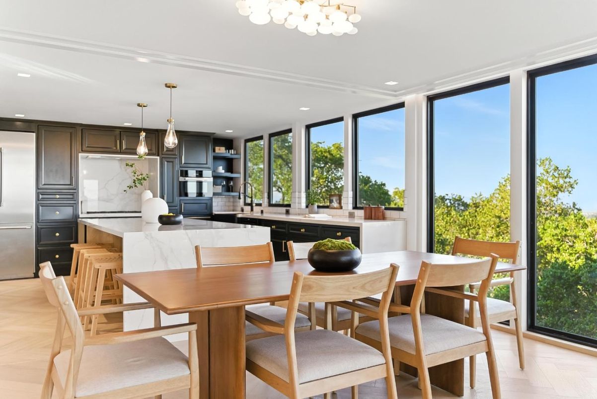Dining room, Interior, Kitchen, Pendant Lights, Recessed Lighting, Stainless Steel Appliances, Wood Texture Flooring