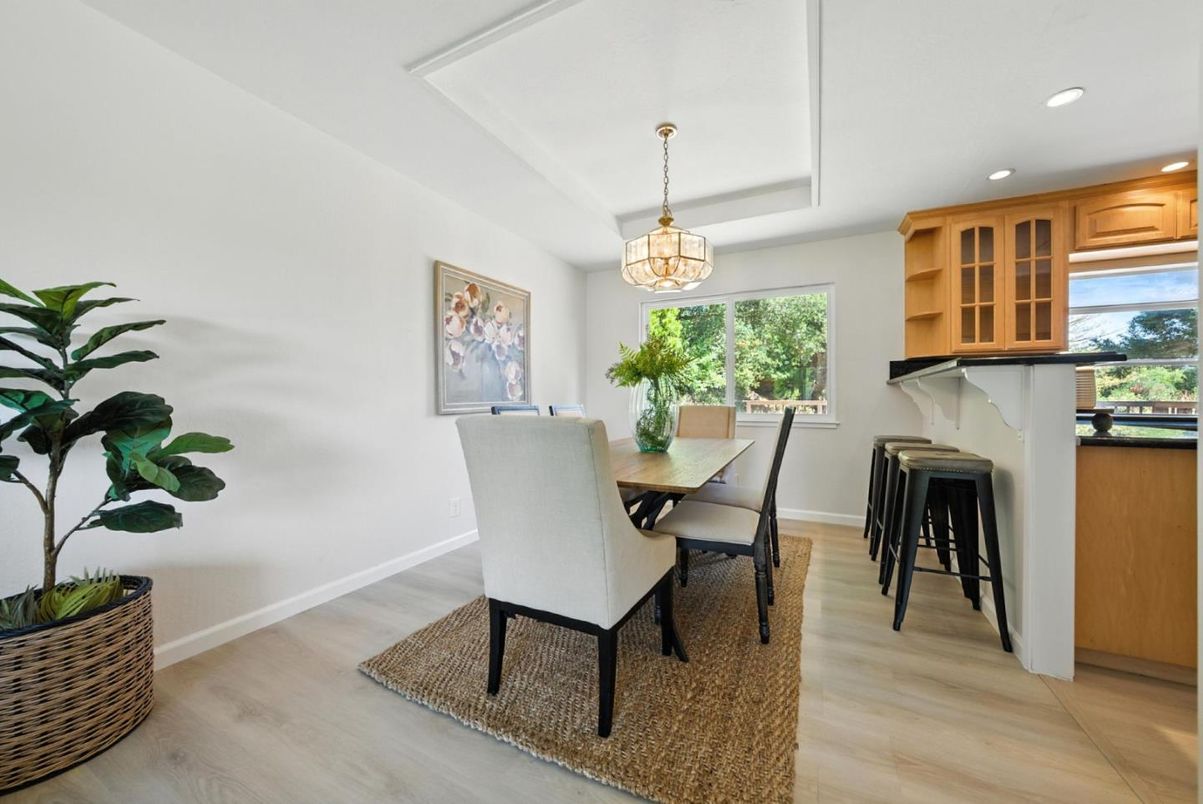 Dining room, Interior, Pendant Lights, Recessed Lighting, Wood Texture Flooring